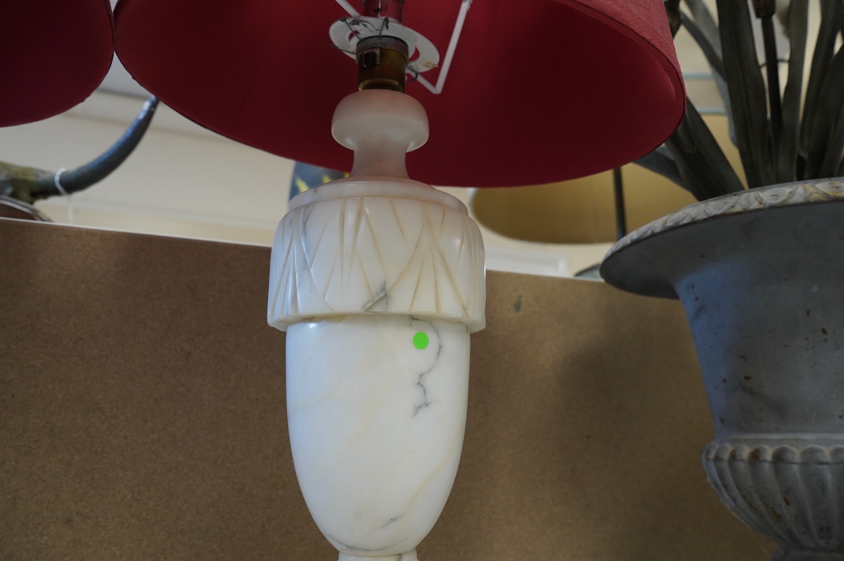 A pair of alabaster table lamps and shades, 56cm total